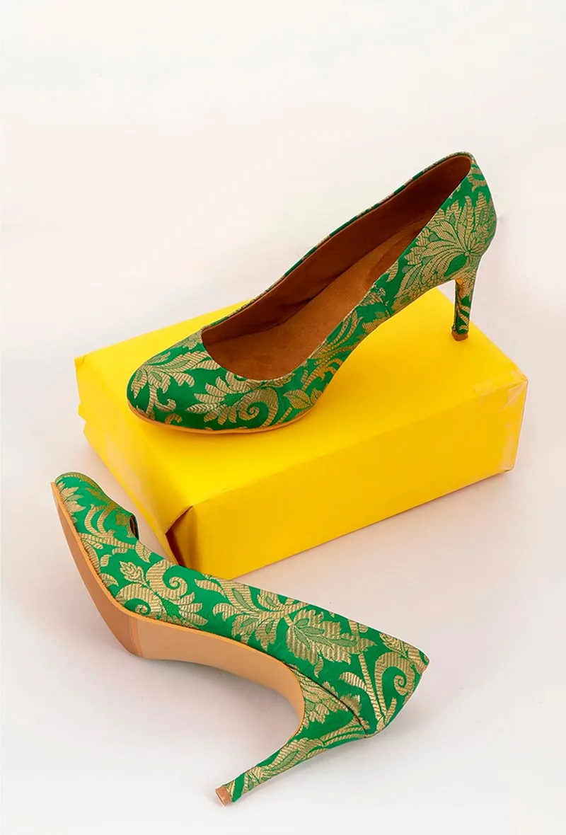 Green Pencil Heels In Brocade