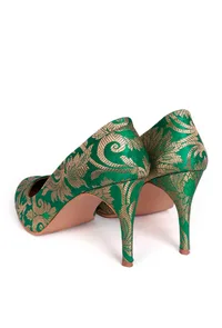 Green Pencil Heels In Brocade image 5