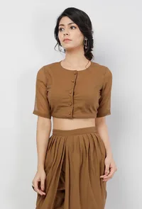 Kanak Beige Cotton Plain Kota Cap Sleeves Blouse image 3