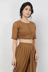 Kanak Beige Cotton Plain Kota Cap Sleeves Blouse image 4