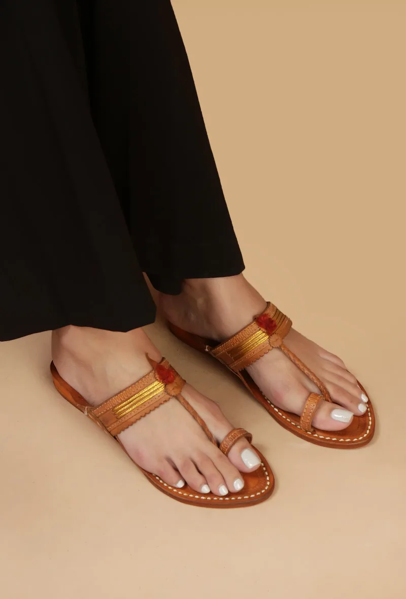 Saanjh Golden Strap Cruelty-Free Genuine Leather Kolhapuri