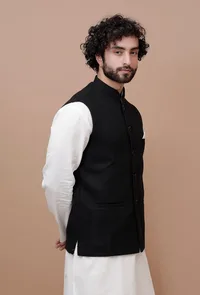 Onyx Black Check Woollen Nehru Jacket image 2