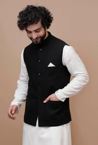 Onyx Black Check Woollen Nehru Jacket image 4
