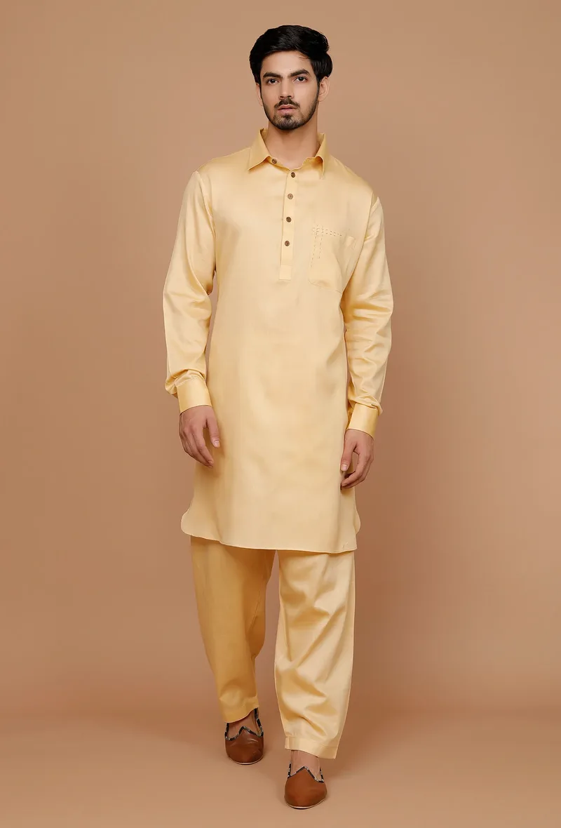 Set of 2: Tuscan Yellow Cotton Satin Pathani Kurta and Salwar