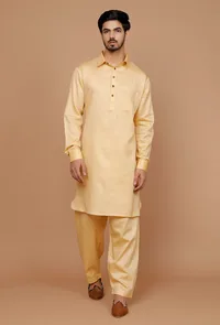 Set of 2: Tuscan Yellow Cotton Satin Pathani Kurta and Salwar image 1