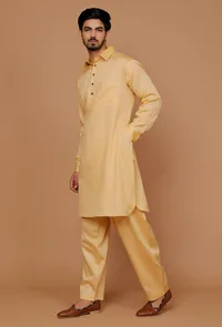 Set of 2: Tuscan Yellow Cotton Satin Pathani Kurta and Salwar image 2