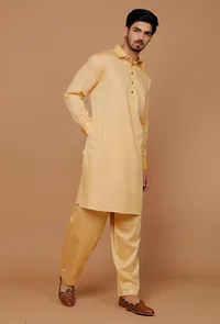 Set of 2: Tuscan Yellow Cotton Satin Pathani Kurta and Salwar image 3
