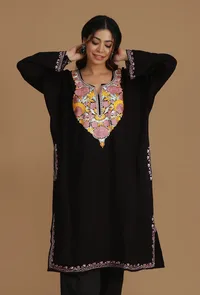 Vibrant Aari Embroidered Black Kashmiri Phiran- Free Size image 1