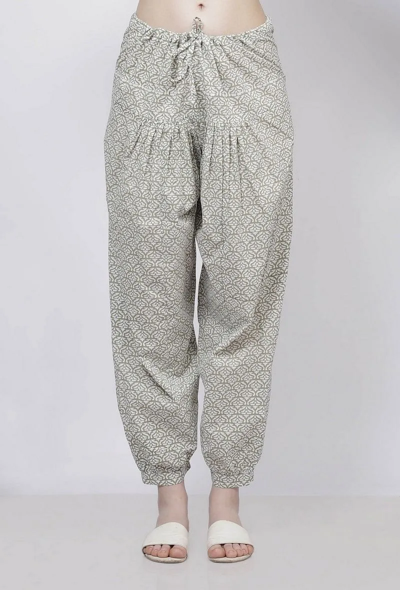 Sage Green Floral Hand-Block Printed Cotton Dhoti