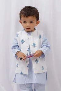 Blue Block Printed Floral Nehru Jacket image 1