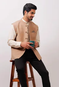 Beige Pure Kashmiri Wool Nehru Jacket image 1