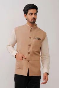 Beige Pure Kashmiri Wool Nehru Jacket image 2