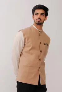 Beige Pure Kashmiri Wool Nehru Jacket image 3