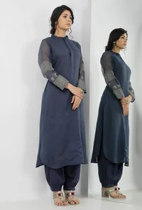 Set of 2-Aegean Blue Floral Hand-Block Printed Mandarin Collar Kota Kurta with Plain Salwar image 1