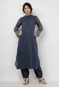 Set of 2-Aegean Blue Floral Hand-Block Printed Mandarin Collar Kota Kurta with Plain Salwar image 2