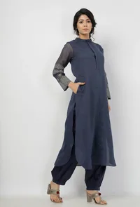 Set of 2-Aegean Blue Floral Hand-Block Printed Mandarin Collar Kota Kurta with Plain Salwar image 3