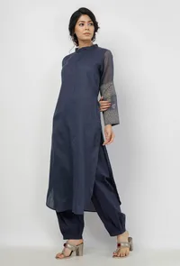 Set of 2-Aegean Blue Floral Hand-Block Printed Mandarin Collar Kota Kurta with Plain Salwar image 4