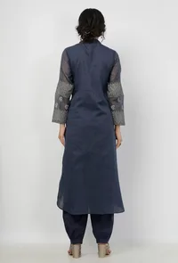 Set of 2-Aegean Blue Floral Hand-Block Printed Mandarin Collar Kota Kurta with Plain Salwar image 5