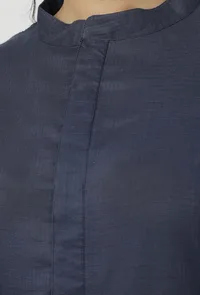 Set of 2-Aegean Blue Floral Hand-Block Printed Mandarin Collar Kota Kurta with Plain Salwar image 6