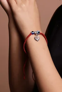 Evil Eye Red Thread Heart Charm Fabric Bracelet Adjustable Cord to Avoid Negative Energy image 4