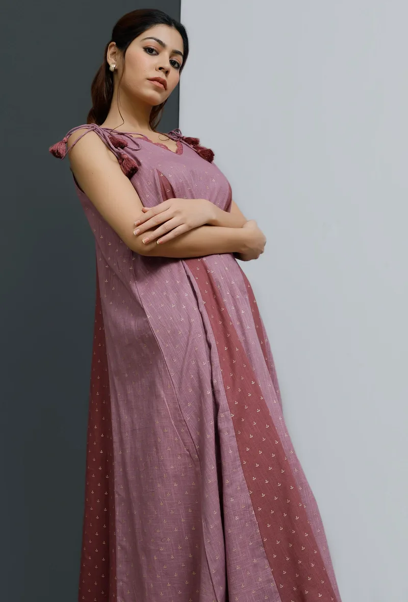 Plum Onion Pink Hand-Block Printed Shoulder Tie Up Dress