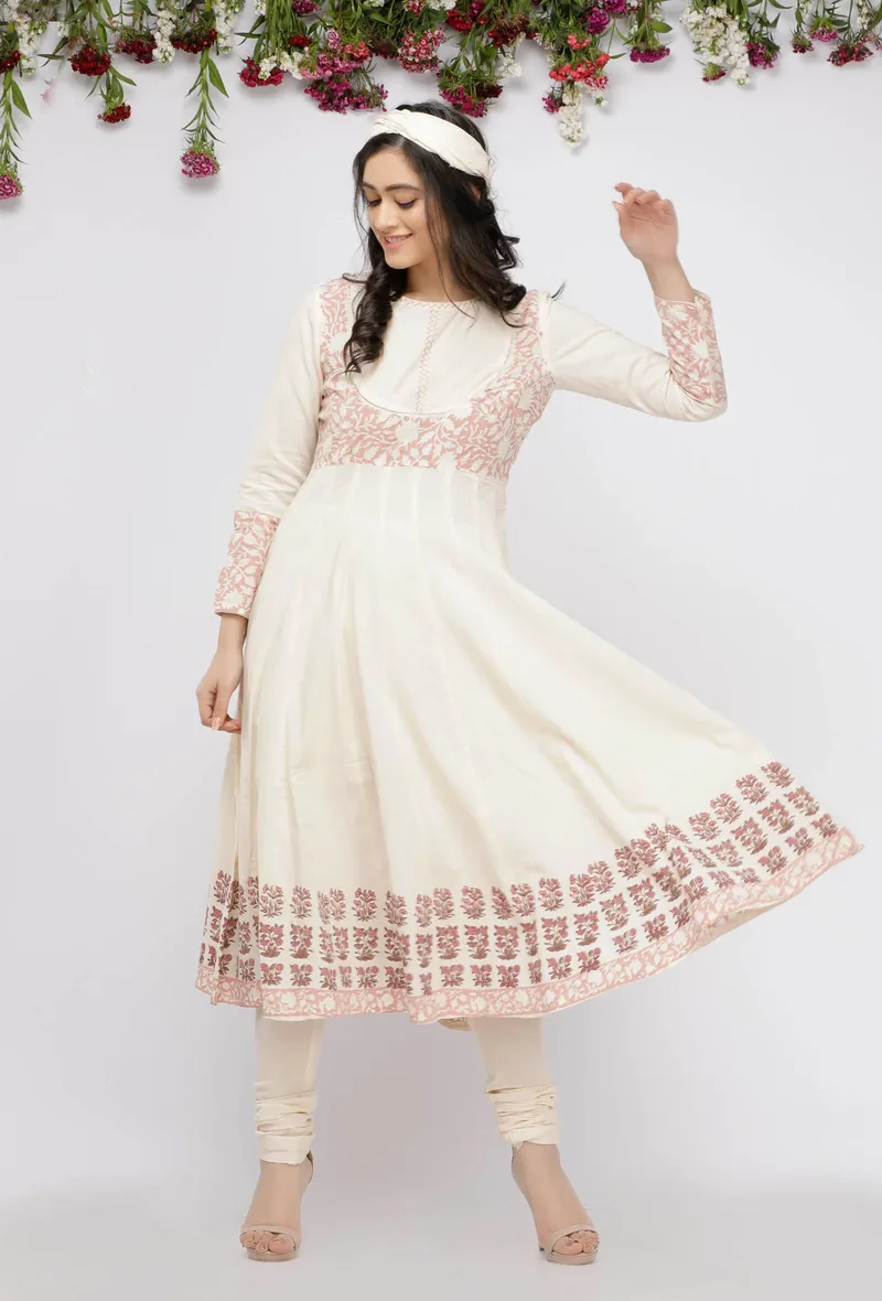 Off White  Hand-Block Printed Kota Anarkali Kurta