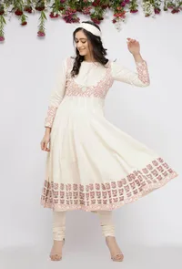 Off White  Hand-Block Printed Kota Anarkali Kurta image 1