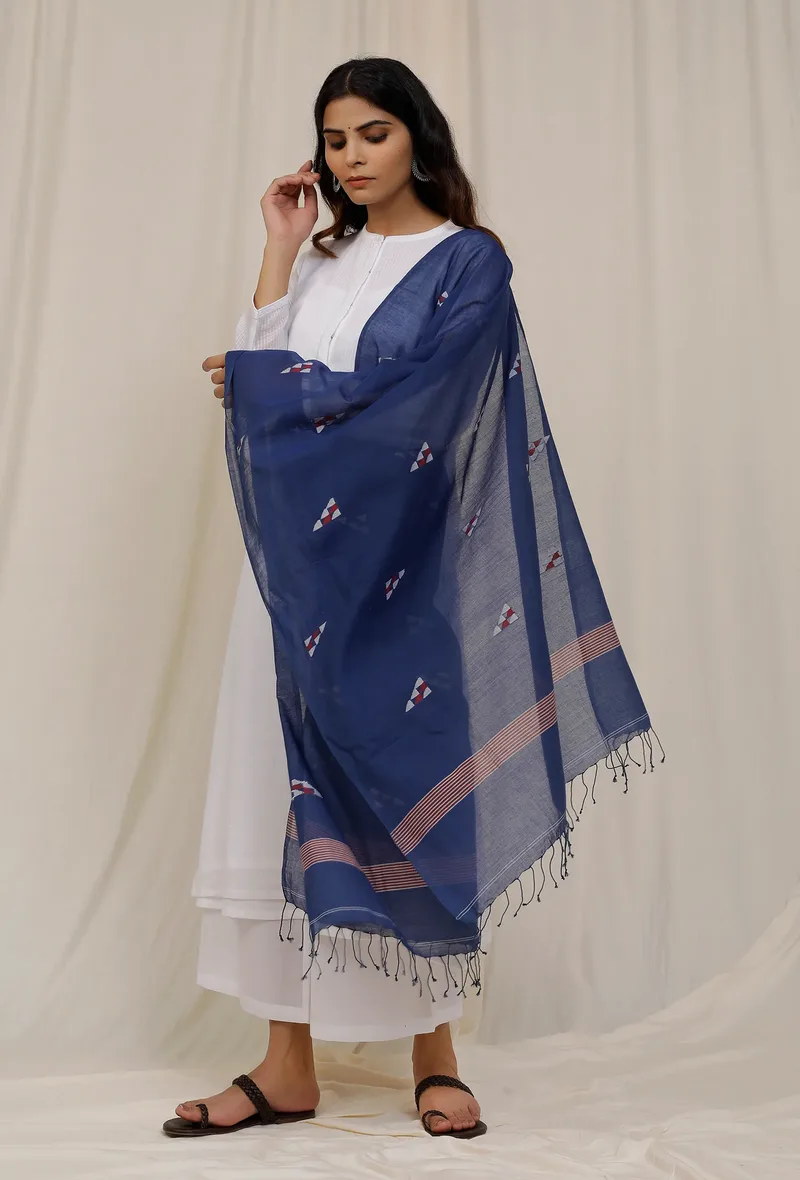 Indigo Handloom Cotton Jamdani stole