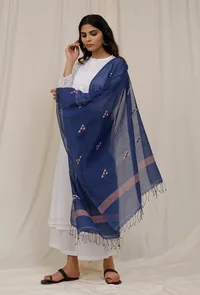Indigo Handloom Cotton Jamdani stole image 1