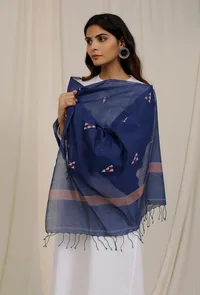 Indigo Handloom Cotton Jamdani stole image 3
