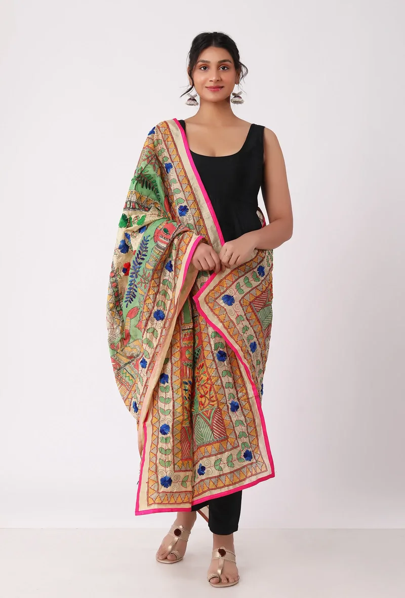 Aarna hand embroidered kantha silk dupatta