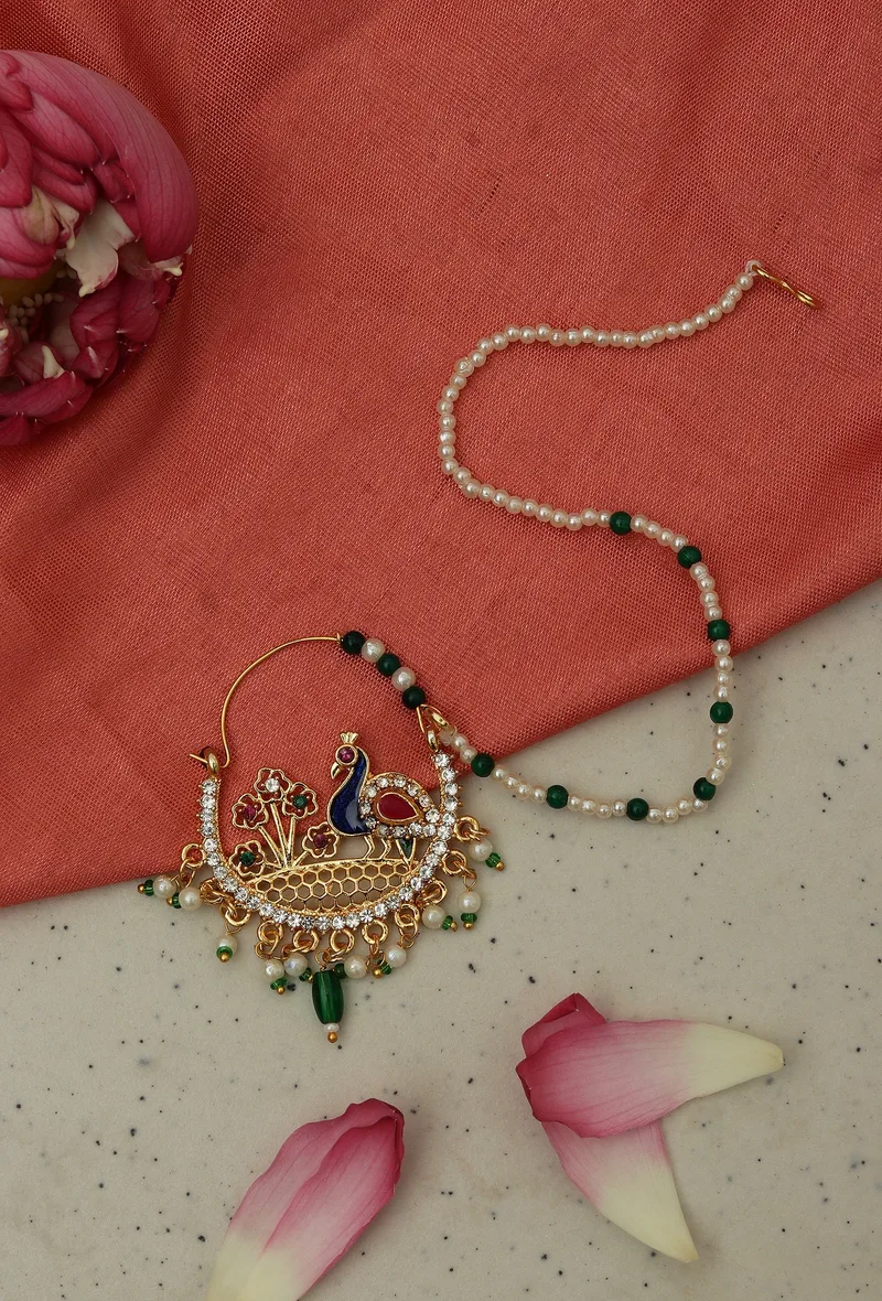 Antique Gold Peacock Kundan Nath with Pearls
