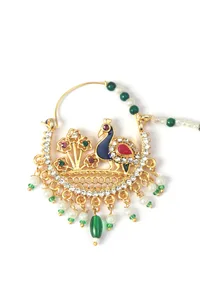 Antique Gold Peacock Kundan Nath with Pearls image 3