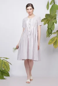 Lilac Stripes Hand-Block Printed Cotton Flared Knee Length Dress image 1