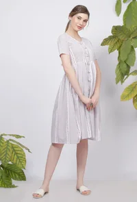 Lilac Stripes Hand-Block Printed Cotton Flared Knee Length Dress image 2