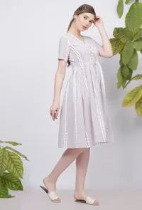 Lilac Stripes Hand-Block Printed Cotton Flared Knee Length Dress image 3