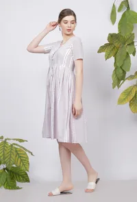 Lilac Stripes Hand-Block Printed Cotton Flared Knee Length Dress image 4