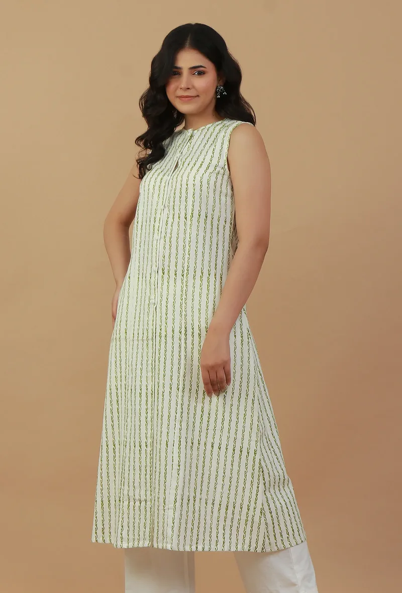Ivory Olive Hand Block Printed Cotton Kurta