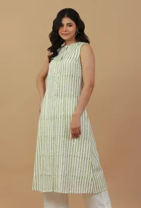 Ivory Olive Hand Block Printed Cotton Kurta image 1