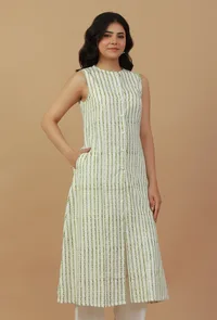 Ivory Olive Hand Block Printed Cotton Kurta image 3
