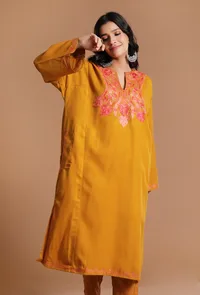 Fire Bush Aari Embroidered Kashmiri Phiran-Free Size image 1