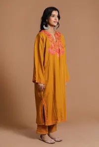 Fire Bush Aari Embroidered Kashmiri Phiran-Free Size image 2