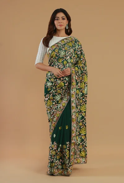 Embroidered Multicolor Georgette Saree with Unstitched Blouse