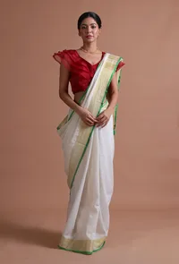White Color Cotton Linen Saree With Unstitched Blouse image 1