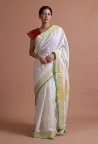 White Color Cotton Linen Saree With Unstitched Blouse image 2