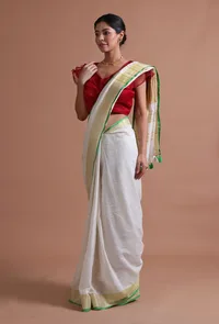 White Color Cotton Linen Saree With Unstitched Blouse image 3