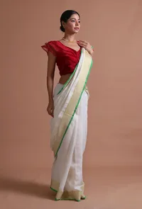 White Color Cotton Linen Saree With Unstitched Blouse image 4