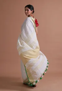 White Color Cotton Linen Saree With Unstitched Blouse image 5