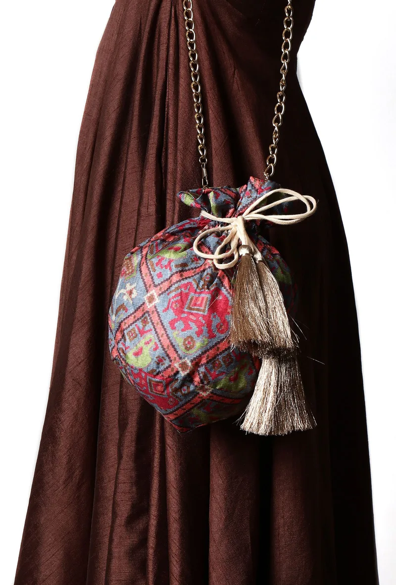 Kashvi Blue, Coral & Multi Silk Patola Print Potli With Tassels