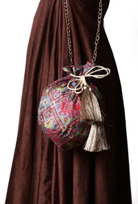 Kashvi Blue, Coral & Multi Silk Patola Print Potli With Tassels image 1